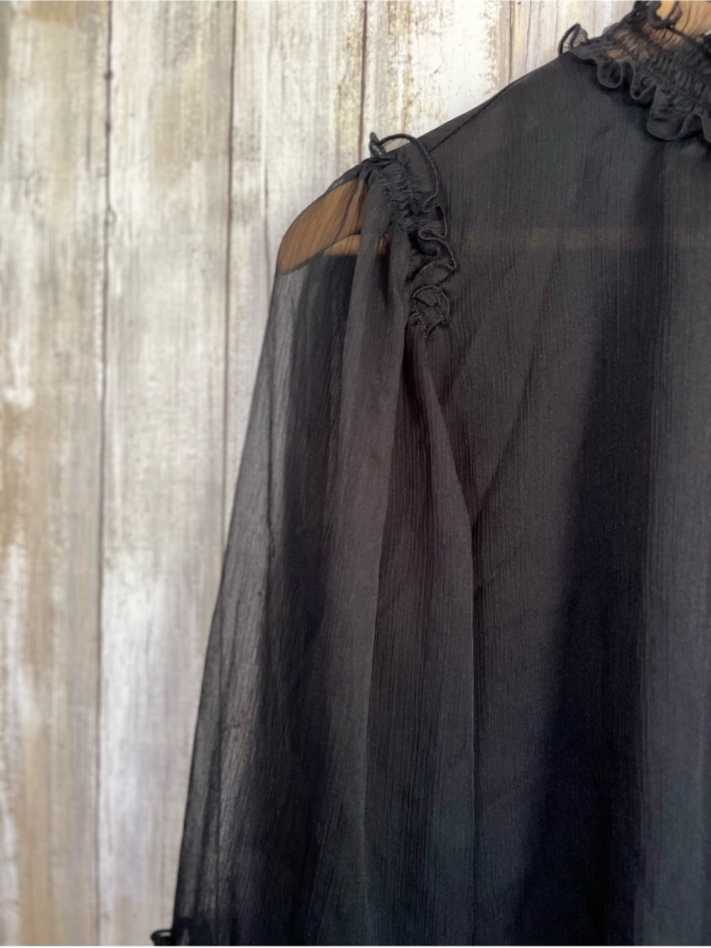 Ann Taylor Sheer Black Ruffle Blouse Romantic Boho Long Sleeve High Neck Top M - Picture 2 of 6